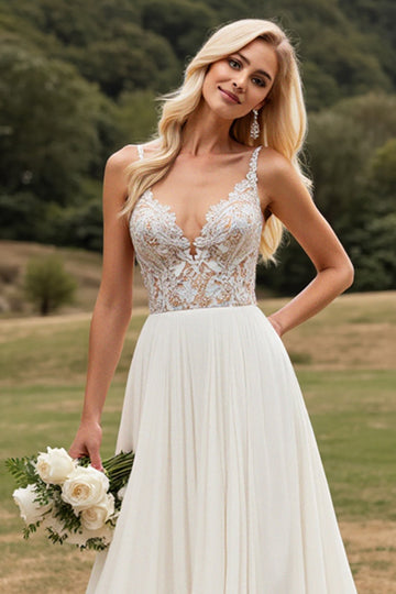 Ivory Chiffon Sweep Train V Neck Boho Wedding Dress with Lace